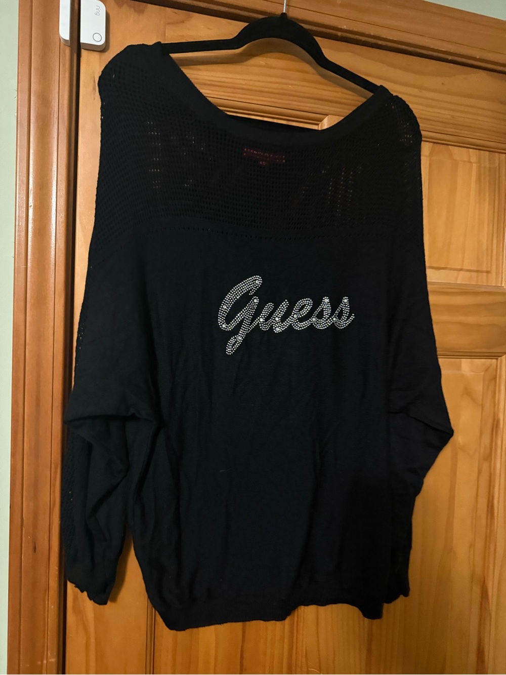 Guess Black Rhinestone Script Knit Top